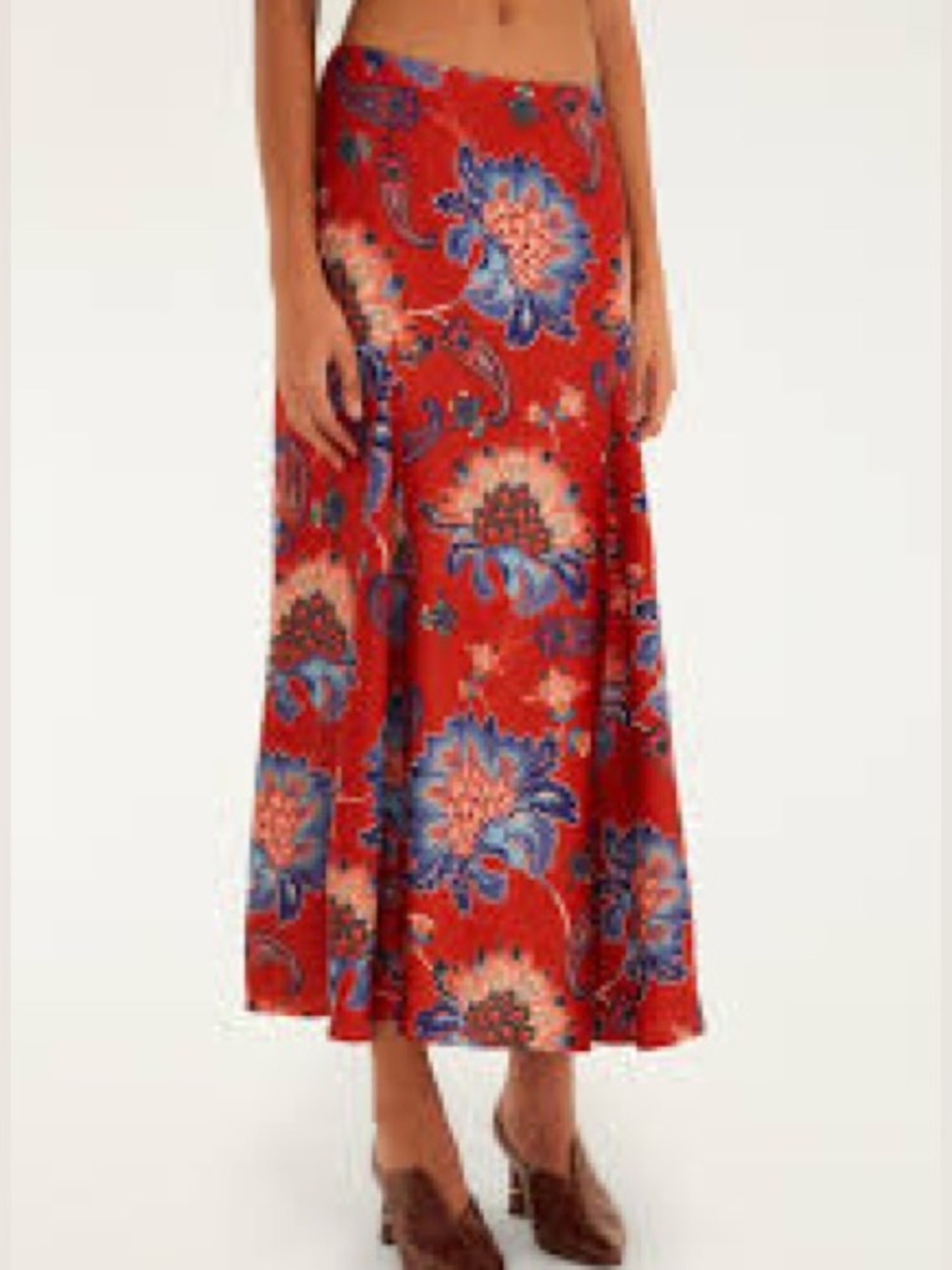 New john Paul Richard beautiful Red Floral Midi Skirt silky Satin Sz m
